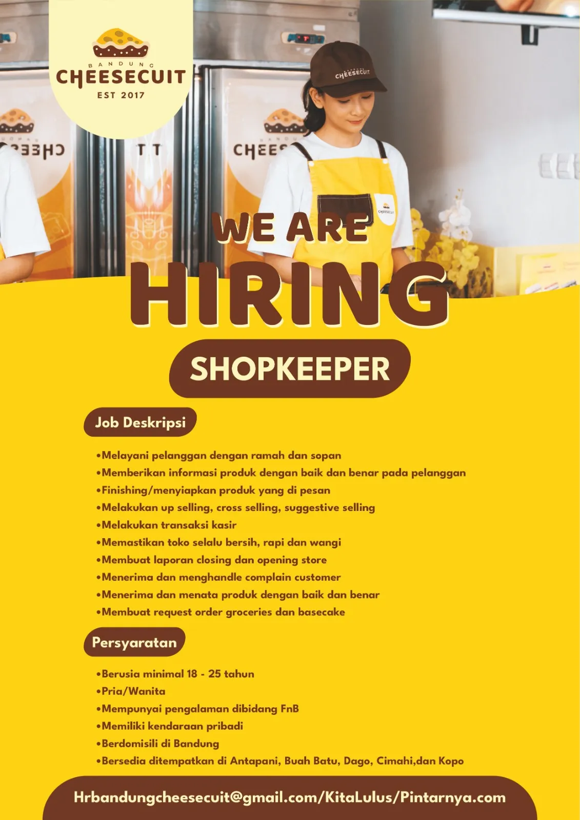 Hiring shopkeeper bandung cheesecuit